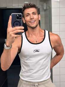 Áo tank top nam màu trắng in chữ, thích hợp mặc đi làm hàng ngày. - trắng - Xem 2