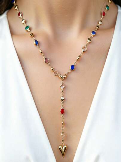 1pc European And American Fashion Tassel Y-Shaped Chain Necklace With Heart Glass Crystal Beads, Sweet Summer Vacation Style Necklace