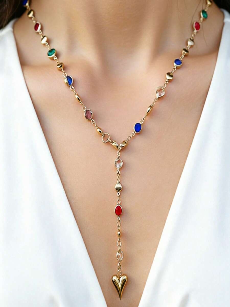 1pc European And American Fashion Tassel Y-Shaped Chain Necklace With Heart Glass Crystal Beads, Sweet Summer Vacation Style Necklace - Dopamine Heart Necklace - View 1