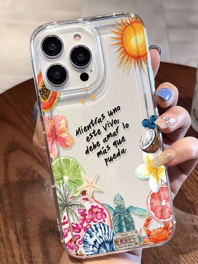 1pc Minimalist Personalized Ocean Fruit Slogan Graphic Transparent TPU Shock-Absorbing Anti-Fall Anti-Fingerprint Phone Case, Compatible With IPhone 16/16Pro/16Plus/15/15ProMax/15Pro/11/12/13/14ProMax/11Pro/11ProMax/12Pro/12ProMax/13Pro/13ProMax/14Pro/14ProMax, Soft Shell, Elegant Creative Design