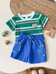 两件套男婴条纹圆领针织上衣和蓝色弹力腰短裤套装 - 墨綠色 - 查看 1