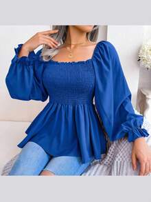 Long-Sleeved Chiffon Blouse With Ruffles And Square Neckline | Casual Style, New Spring/Summer Collection - 藍色 - 查看 4