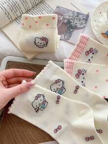 SANRIO Hello Kitty 超可爱中筒袜 5 双装，春夏秋季必备蕾丝边白色袜子，甜美百搭，INS 时尚百搭长袜，柔软透气不勒脚，适合各种场合的学生袜（随机发货） - 彩色 - 查看 3