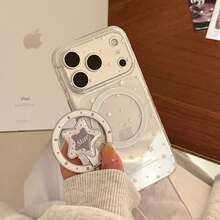 GUCADI Transparent Magnetic White Star + Gray-White Star Magnetic Stand Suitable For IPhone 17 Phone Case, 17 Pro Max Magnetic Stand, 15 Transparent Personalized Soft Case, Creative, Geometric, Minimalist Style, Niche, Ins Style - Clear - View 12