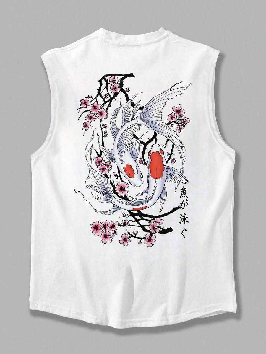 Fractyr Men's Fashion Casual Vacation Streetwear Vest | Cherry & English Element Print | Exquisite Design | Summer Must-Have | Versatile And Easy To Wear, Cotton Feel | The Best Gift For Friends | Showcase Your Unique Personality - White - View 1