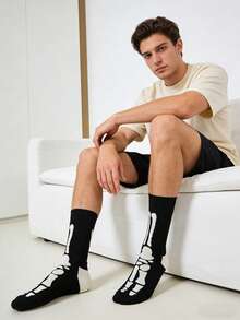 1 双男士骷髅图案黑色底袜子，四季皆宜 - 黑與白 - 查看 7