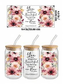 4pcs/Set 16oz Glass Cup Wrap UV DTF Transfer Sticker (9.4x4.3in) No Heat Needed, Spanish English Christian Bible Verse Scripture Faith Quote Design, Floral Butterfly Religious Inspirational Waterproof Self Adhesive Decal, Rub On Sticker For Libbey Can Tumbler DIY Gift For Women - Bible 04 - View 5