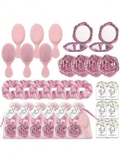 Conjunto de lembrancinhas rosa para festa com 15 peças (5 peças cada) - Inclui mini espelho dobrável em formato de rosa, pente pequeno, elásticos de cabelo, sacola com cordão e cartões de agradecimento. Ideal para despedidas de solteira, presentes de aniversário e lembrancinhas de festa | Design fofo | Material plástico resistente