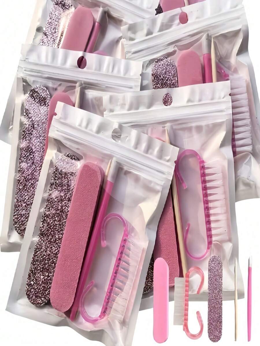 每套5件。指甲和足部护理套装，专业美甲套装，美甲护理工具，双面一次性指甲锉，木质死皮推，指甲清洁工具，指甲棒，指甲刷 - 适用于专业美甲师和家庭美甲师