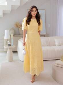Josiane Modesto Maxi Midi Dress In Cotton Embroidered With Guipure Lace And Back Zipper – Elegant And Delicate - Yellow - View 1