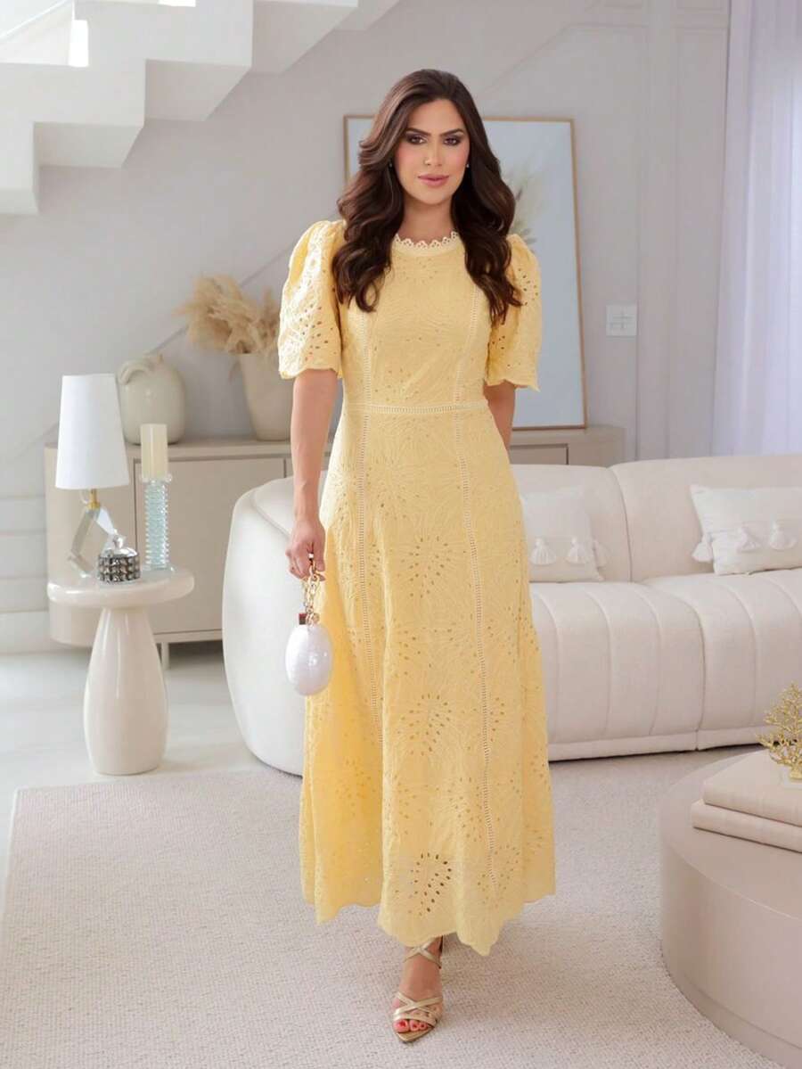 Josiane Modesto Maxi Midi Dress In Cotton Embroidered With Guipure Lace And Back Zipper – Elegant And Delicate - Yellow - View 1
