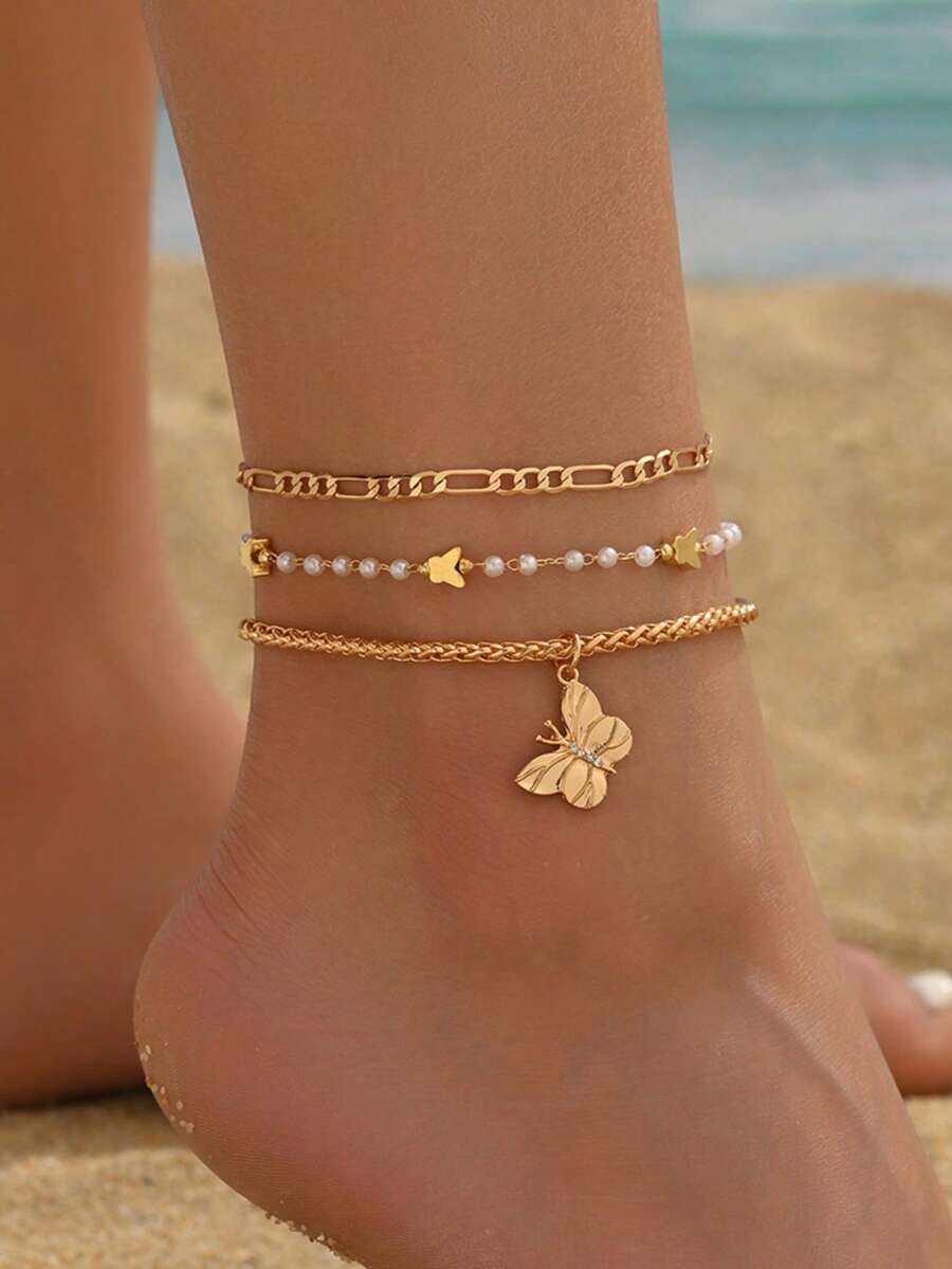 3pcs Delicate Faux Pearl Butterfly Beaded Chain Anklet Set, Versatile Daily Wear For Teenagers, Handmade Chain Can Be Cut To Desired Length, Faux Pearl Quantity Not Fixed - Gold - View 1