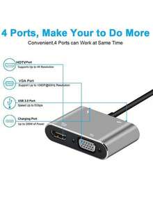 Hub tipo C 4 en 1, transferencia de alta velocidad USB3.0, 4K HD, carga rápida PD de 100W, compatible con una amplia gama de dispositivos - Gris - Ver 7