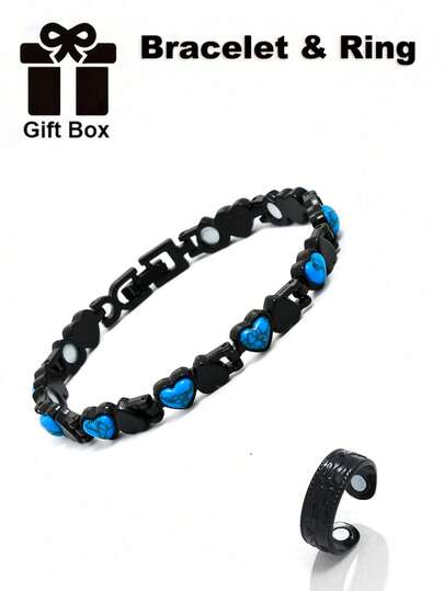 1 Set de pulsera magnética con forma de corazón cepillada + anillo, empaquetado en caja de regalo, moda minimalista ajustable para hombre apta para todas las ocasiones