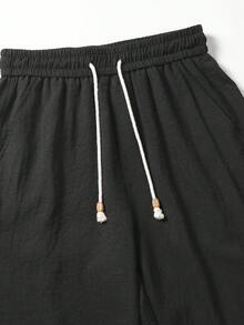 男士黑色亚麻质感抽绳直筒裤，柔软透气，面料如亚麻般舒适，适合休闲、度假、夏季及日常通勤，尽显老钱风范。 - 黑色 - 查看 5