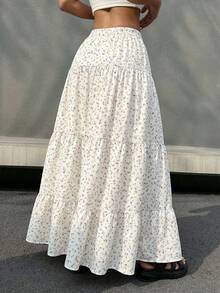 EARO Women's Ditsy Floral Long Dress, Multi-Layer Design Fabric, Non-Stretch Elastic Waist, Fashion Elegant Versatile Loose Fit Slimming - Apricot - View 4