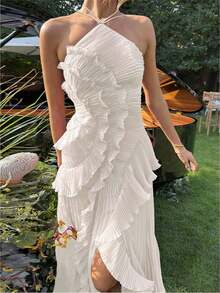 BB-2026 Hot Selling-Women Ruffle Hem Pleated Sheer Mesh Long Maxi Dress Sleeveless Halter Neck Irregular Tiered Flowy Long Maxi Dresses For Wedding Guest Summer Holiday Beachwear. - 象牙 - 查看 12