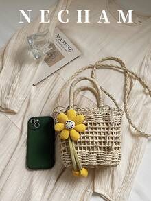 1pc Summer New Handmade Straw Tote Bag With Sunflower Pendant, Versatile Shoulder Bag - White - View 5