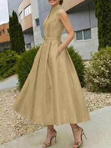 Elegant Women's Dress With A Tie Waist And A-Line Silhouette, New Spring/Summer And Fall/Summer Styles, Sleeveless With A V-Neck, Suitable For The Office Or Everyday Wear In Black. - 卡其色 - 查看 5