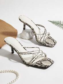 Snake Skin Pattern Open Toe Slip-On High Heel Sandals With Stiletto Heel - Multicolor - View 1
