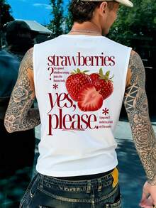 FRACTYR Men's Casual Minimalist Strawberry Graphic Street Style Sleeveless T-Shirt, Versatile Daily Fashion - White - View 1