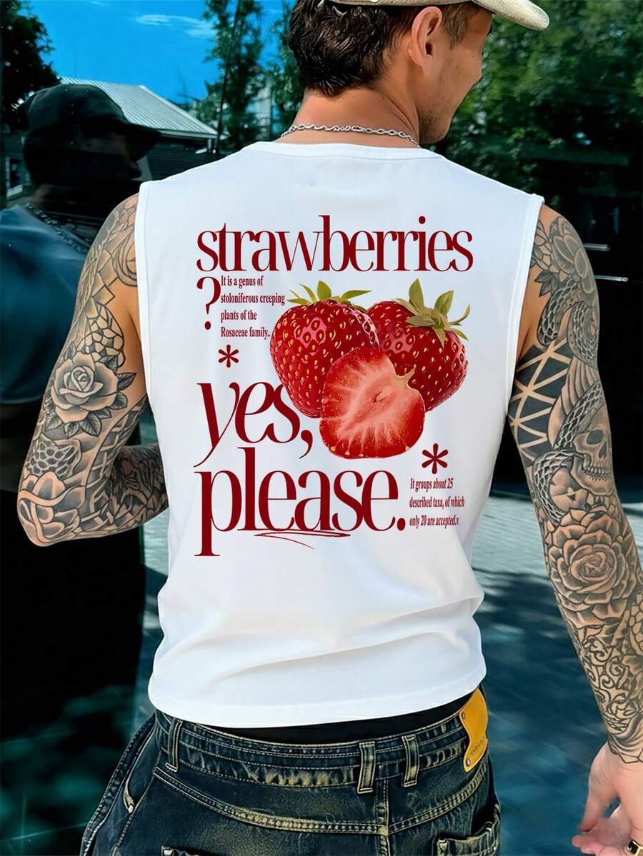 FRACTYR Men's Casual Minimalist Strawberry Graphic Street Style Sleeveless T-Shirt, Versatile Daily Fashion - White - View 1