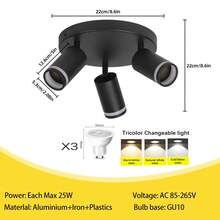 1个圆形嵌入式吸顶射灯,3个灯头,GU10灯座,适用于85V-265V电压,黑色/白色/木纹色可选,铝制材质,适用于商店/书房/卧室/客厅/咖啡厅/展厅/画廊/博物馆/走廊/门廊等场所,可根据需要选择尺寸。 - 吸頂射燈圓盤形GU10燈頭模式 - 查看 26