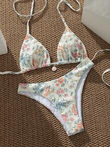 两件套女士碎花比基尼套装 - 三角吊带贝壳吊坠泳衣上装，高腰丁字泳裤，可爱夏季沙滩度假泳装 - 彩色 - 查看 4