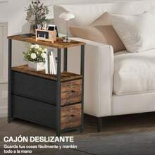 2 Pcs Mesita de Noche Buró para Recamara con Estación de Carga Mesas Auxiliares con 2 Cajones de Tela y Estante de 2 Niveles para Dormitorio Espacios Pequeños Mesa Auxiliar Mueble Lateral - NegroMadera - Ver 4