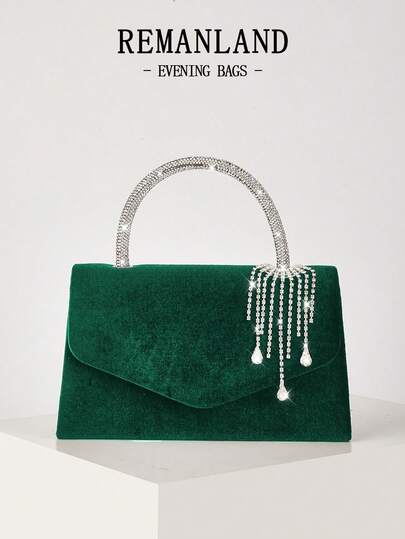 REMANLAND Bolso de mano de noche brillante, bolso sobre elegante de moda, bolso con decoración de lazo y cristal, bolso de fiesta y boda para novia