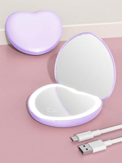 Espejo de maquillaje portátil recargable con forma de corazón, espejo de maquillaje LED con aumento de 2X y iluminación ajustable en 3 colores, espejo de belleza compacto con luz