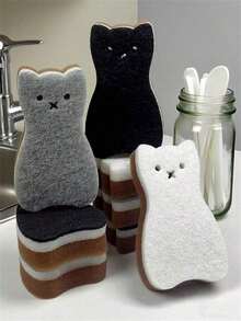 4pcs Cute Cat-Shaped Kitchen Sponge Set - Thick & Durable Dishwashing Cleaning Tools, With Metal Hooks For Hanging Pots, Utensils, And Non-Scratch Sponge Foam, Multi-Functional Heavy-Duty Kitchen Cleaning Sponge - 2/4/6/8 Pcs, 4-Color Combination, 3-Layer Design - Nhiều màu - Xem 1