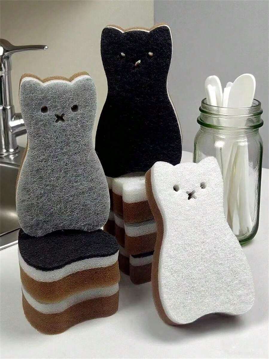 4pcs Cute Cat-Shaped Kitchen Sponge Set - Thick & Durable Dishwashing Cleaning Tools, With Metal Hooks For Hanging Pots, Utensils, And Non-Scratch Sponge Foam, Multi-Functional Heavy-Duty Kitchen Cleaning Sponge - 2/4/6/8 Pcs, 4-Color Combination, 3-Layer Design - Nhiều màu - Xem 1