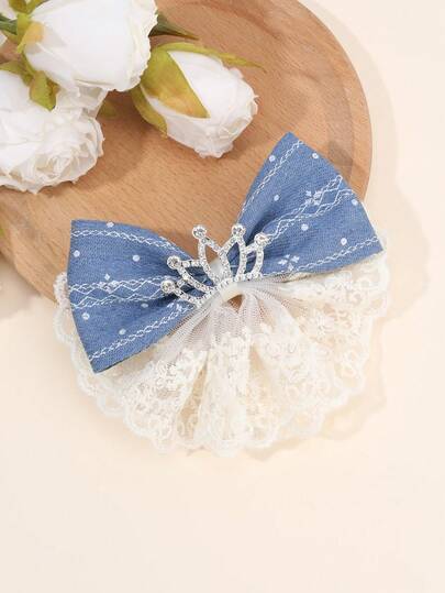 1pc Denim Lace Hair Bows For Girls Elegant Crown Hair Clips Embroidery Mesh Alligator Clips Girls Casual Holiday Wedding Party Headpiece Girls Princess Crown Hair Barrettes Teens Hair Accessories