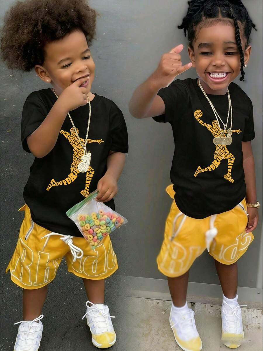 男童篮球字母印花短袖T恤 - 黑色 - 查看 1