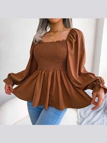 Blusa de manga larga de gasa con volantes y cuello cuadrado | Estilo casual, nueva colección de primavera/verano - marrón café - Ver 1