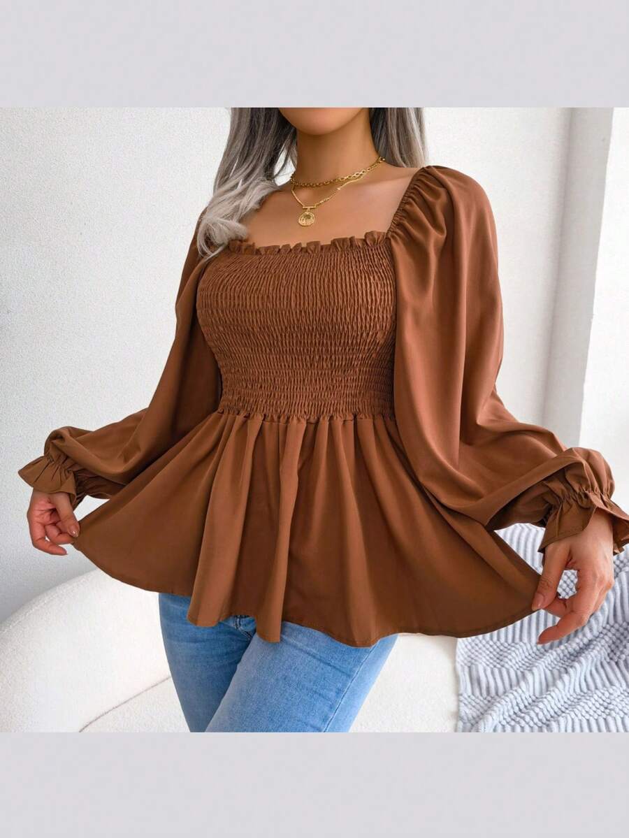 Blusa de manga larga de gasa con volantes y cuello cuadrado | Estilo casual, nueva colección de primavera/verano - marrón café - Ver 1