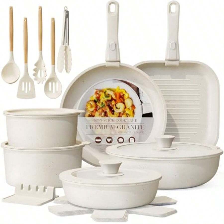 23 Piezas de Ollas y Sartenes Antiadherentes de Cerámica Bateria de Cocina con Mango Desmontable Carote para Caravana Fondo Revestido Antimanchas Que Apto para Inducción y Horno Fácil de Limpiar - Blanco Crema - Ver 1