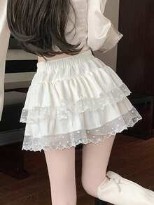 法式芭蕾舞风格蕾丝边高腰褶皱蛋糕裙，夏季防走光蓬蓬裙 - 白色 - 查看 3