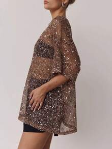 Women Sequin Sheer Short Sleeve Glitter T Shirt Oversized Sparkly Hollow Out Knit Cover Up Beach Y2K Mesh Tee Blouse - Màu nâu Sô-cô-la - Xem 4
