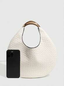 极简编织手提包，女士白色时尚托特包，新款钱包，时尚女士包，新月形包 - 白色 - 查看 4