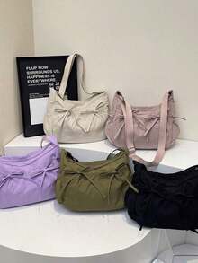 Women New Fashion Daily All-Match Niche Pleated Design Bow Decor Crossbody Bag, Casual Solid Color Handbag Large Capacity Lightweight Portable For School Work Commute Travel - Nhiều màu - Xem 12