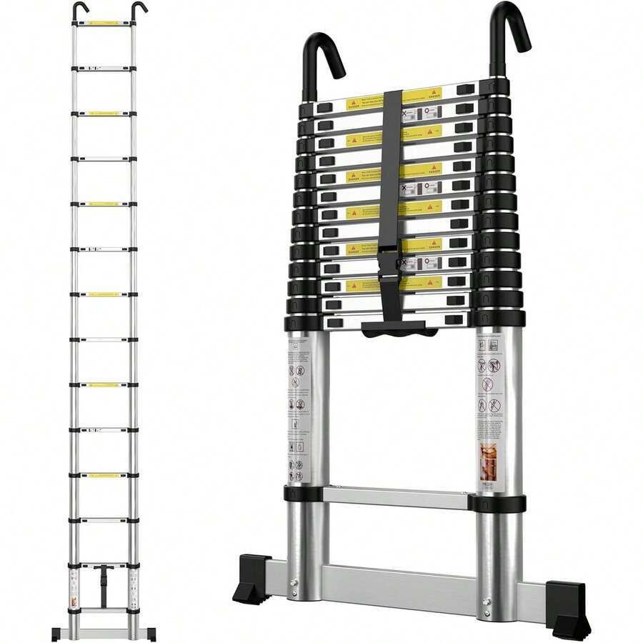 Telescopic Ladder 4.1M Aluminium Extension Extendable Loft Ladder With Stabilizer Bar And Detachable Hooks, Portable Folding Ladders - 4.1M/13.5FT - View 1
