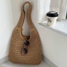 Summer Handmade Woven Straw Tote Bag, Women's Shoulder Bag, Casual Vacation Style, Large Capacity - Multicolor - View 7