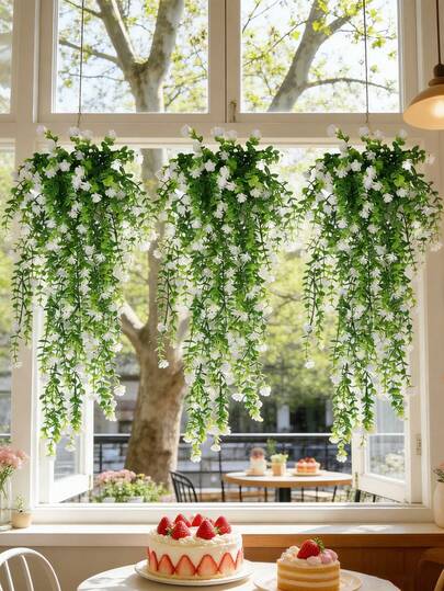 3株人造山茶花吊兰，仿真桉树藤蔓，适合室内/室外装饰，可用于母亲节、父亲节、室内婚礼装饰，全年可用，不含花盆