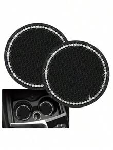 2 Pieces Of Glossy Black Silicone Car Cup Mats, With Crystal Rhinestone Edges – 2.75inch Non-Slip Design, Compatible With Car Cup Holders, A Fashion Accessory Specially Designed For Women And Girls, Car Cup Mats - 彩色 - 查看 12