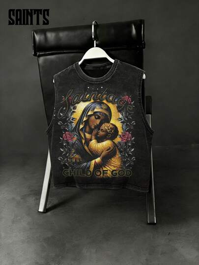 复古美式街头风无袖T恤，饰有水钻圣母玛利亚玫瑰印花