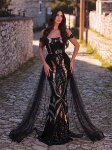 Faeriesty 优雅露肩美人鱼礼服，层叠雪纺面料，水晶装饰，可拆卸透明披肩，适合正式婚礼宾客、新娘写真、红毯盛典、蜜月旅行、浪漫摄影等场合。黑色春天 - 黑色 - 查看 2