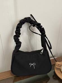 可爱褶皱手提包，高品质蝴蝶结单肩包，女士通勤腋下包 - 黑色 - 查看 11