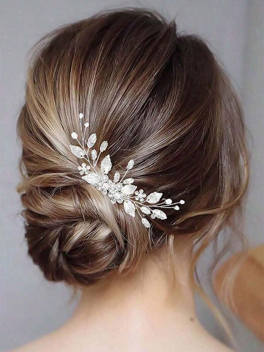 1pc Silver-Color Handmade Leaf & Side Comb Hair Accessory Bridal Wedding Party Royal, School Stuff, College, Hair Accessories, Accessories, Bridesmaid - 金子 - 查看 1